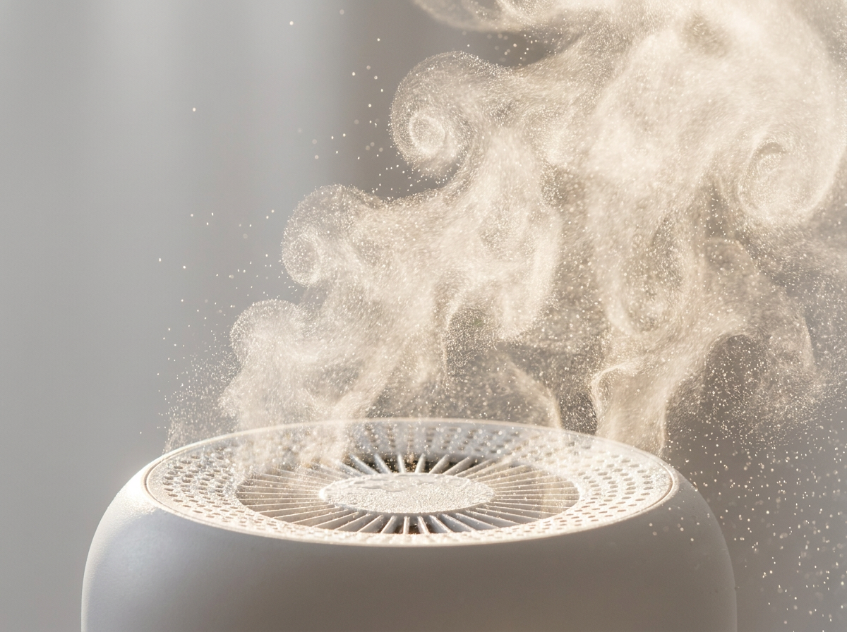 Macro shot of ultra-fine ultrasonic mist swirling above the cooler's grille